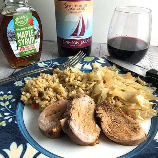 Maple Pork Tenderloin with rice, cabbage and red wine.